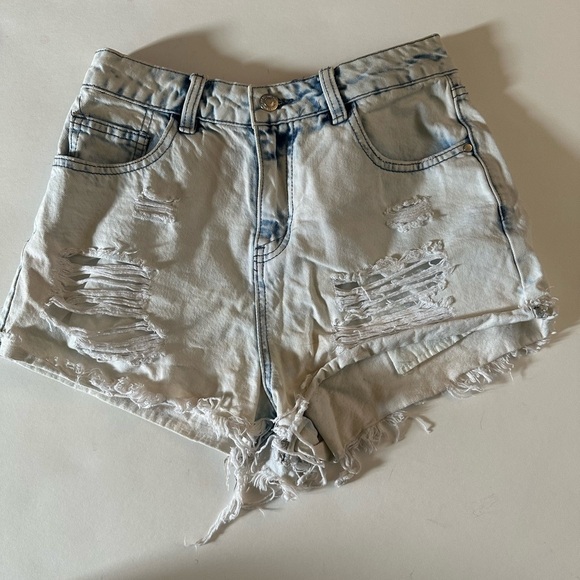 High Waist Blue Distressed Denim Shorts - Picture 2 of 4